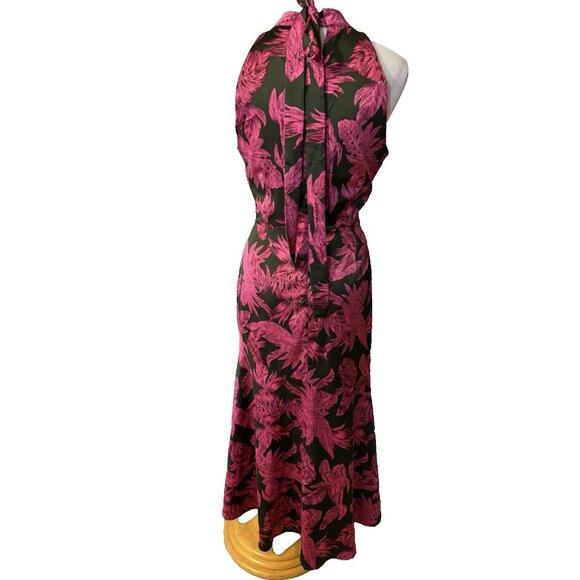 Sam Edleman Midi Dress 12 Pink Brown Floral Sleeveless Mock Tie Neck $160 - Picture 4 of 15
